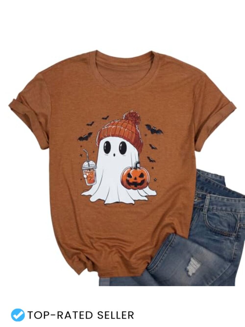 Halloween Ghost T-Shirt Women Spooky Season Fall Cute Short Sleeve Top